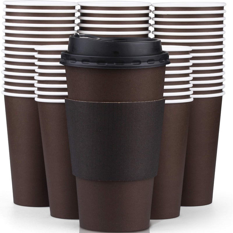 Promora 16 oz Disposable Brown Coffee Cups with Lids & Sleeves, Premium Paper Cups (100 Pack) - Image 1